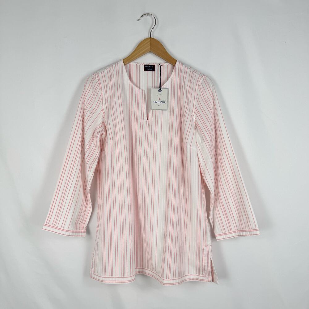 Untuckit Stripe Durfort Cotton Popover Top Women's 10 White Pink Pinstripe